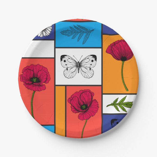 Poppies in colourful boxes paper plate (Front)