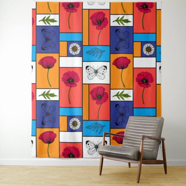 Poppies in colourful boxes tapestry (In Situ)