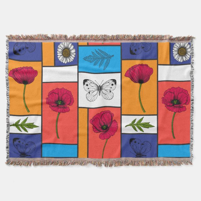 Poppies in colourful boxes throw blanket (Front)