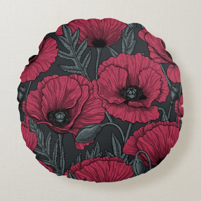 Poppies in Viva Magenta  Round Cushion (Front)
