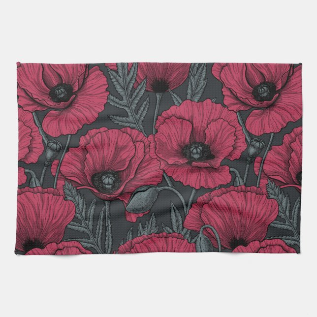 Poppies in Viva Magenta  Tea Towel (Horizontal)