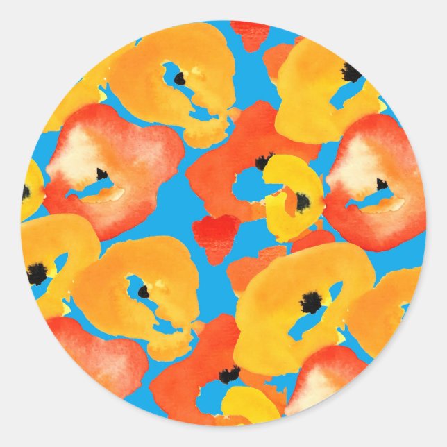 Poppies large flower art red orange classic round sticker (Front)