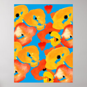 Poppies large flower art red orange poster