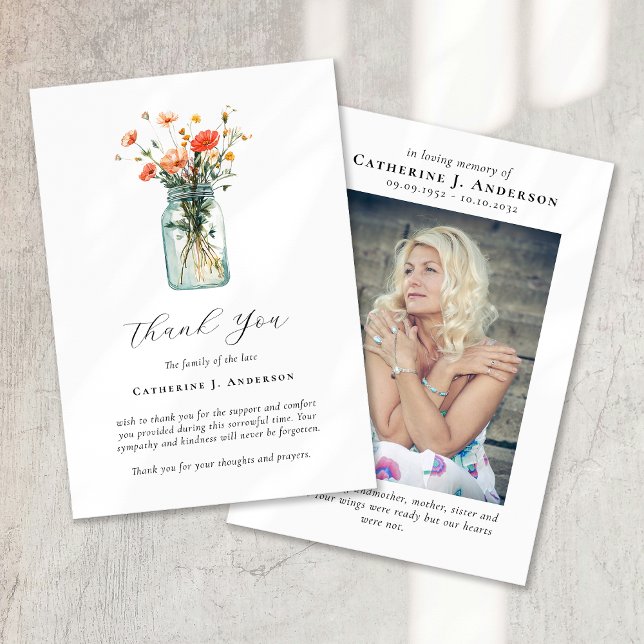 Poppies Mason Jar Photo Sympathy Funeral Memorial Thank You Card (Creator Uploaded)