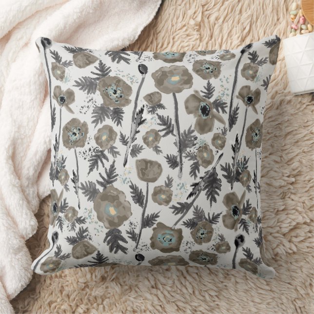 Poppies Modern Grey Blue Floral Pattern Cushion (Blanket)