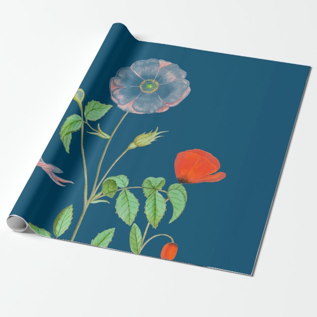 POPPIES ON DARK BLUE Wrapping Paper (Unrolled)