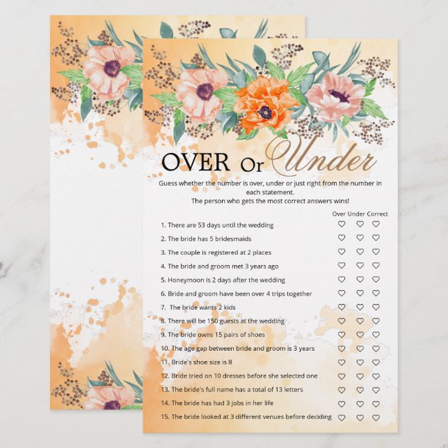 Poppies over or under bridal shower game (Front/Back)