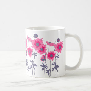 Poppies pink and grey graphic art floral mug