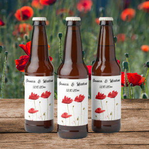 Poppies Poppy Red floral Watercolor Weddings Beer Bottle Label
