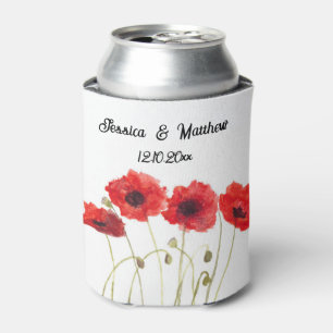 Poppies Poppy Red floral Watercolor Weddings Can Cooler