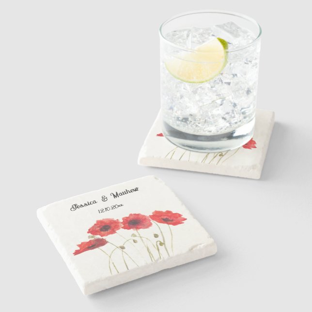 Poppies Poppy Red floral Watercolor Weddings Stone Coaster (Side)