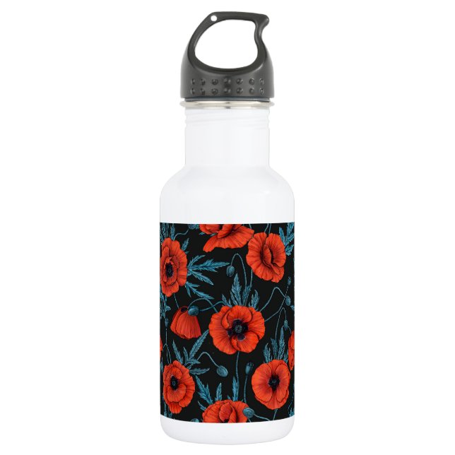 Poppies, red and blue on black 532 ml water bottle (Front)