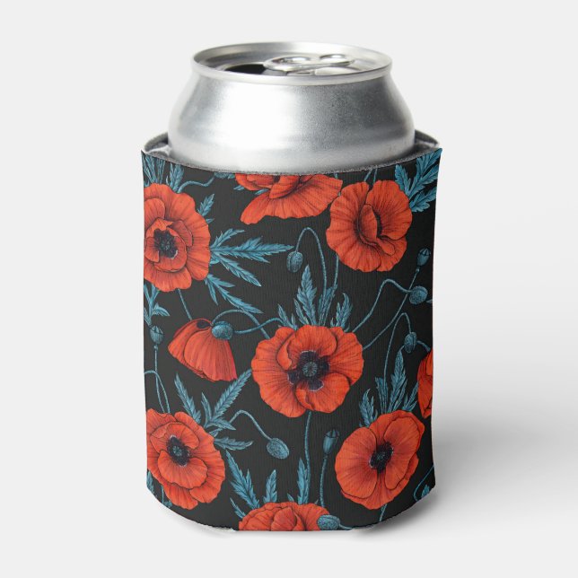 Poppies, red and blue on black can cooler (Can Front)