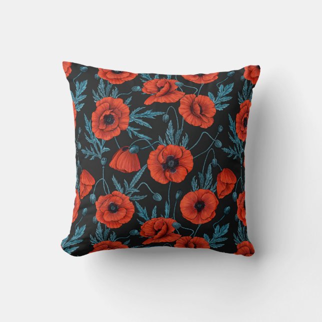 Poppies, red and blue on black cushion (Front)