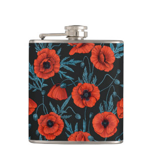 Poppies, red and blue on black hip flask