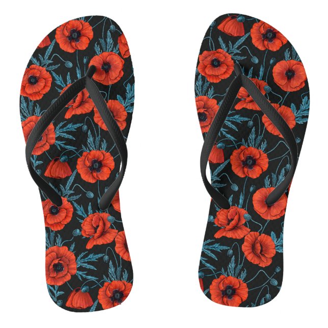 Poppies, red and blue on black jandals (Footbed)