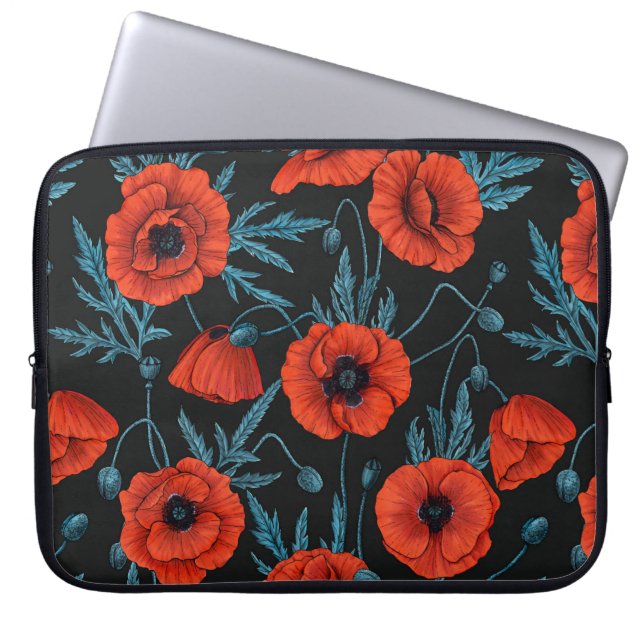 Poppies, red and blue on black laptop sleeve (Front)