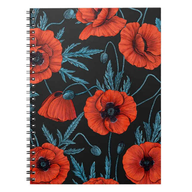 Poppies, red and blue on black notebook (Front)