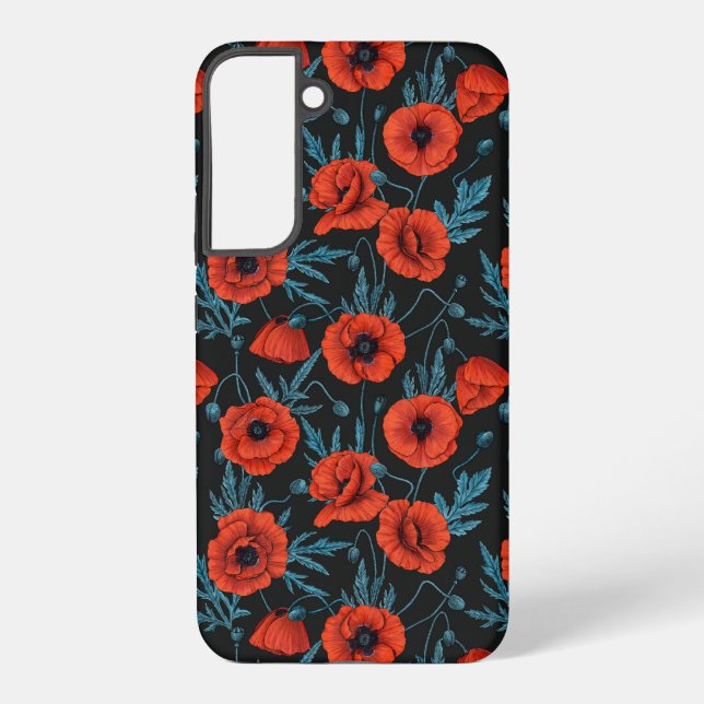 Poppies, red and blue on black samsung galaxy s22+ case (Back)
