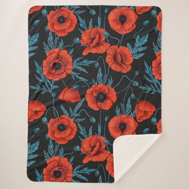Poppies, red and blue on black sherpa blanket (Front)