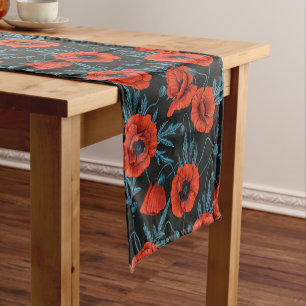 Poppies, red and blue on black short table runner