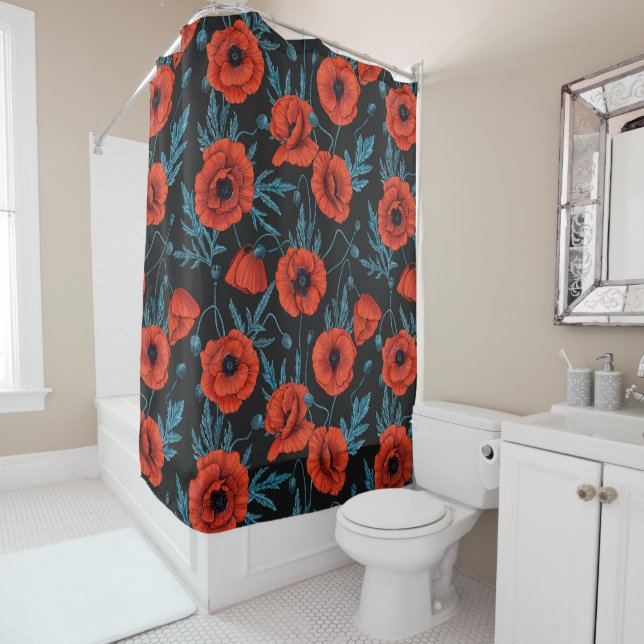 Poppies, red and blue on black shower curtain (In Situ)