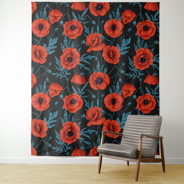 Poppies, red and blue on black tapestry (In Situ)
