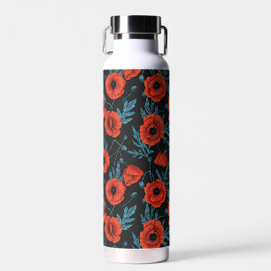 Poppies, red and blue on black water bottle