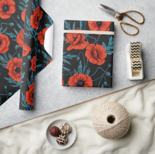 Poppies, red and blue on black wrapping paper
