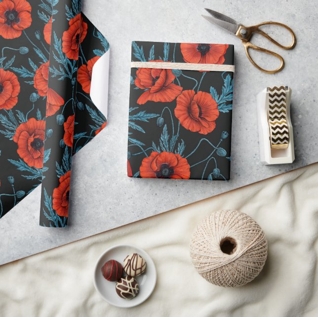 Poppies, red and blue on black wrapping paper (Crafts)