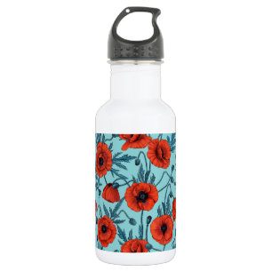 Poppies, red and blue on pool blue 532 ml water bottle