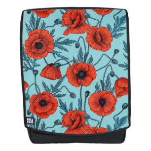 Poppies, red and blue on pool blue backpack