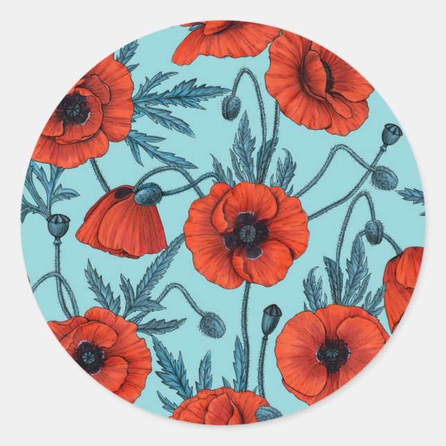Poppies, red and blue on pool blue classic round sticker (Front)