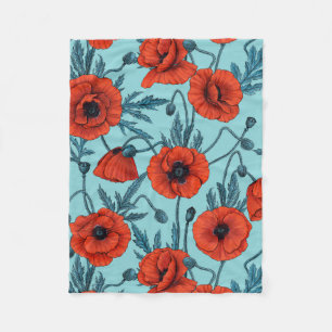 Poppies, red and blue on pool blue fleece blanket