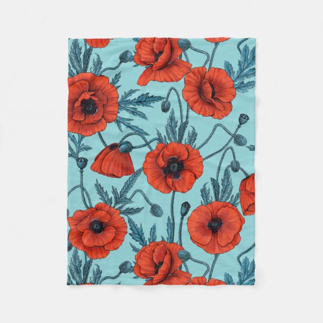 Poppies, red and blue on pool blue fleece blanket (Front)