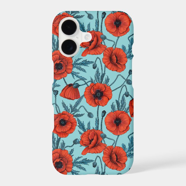 Poppies, red and blue on pool blue iPhone case (Back)