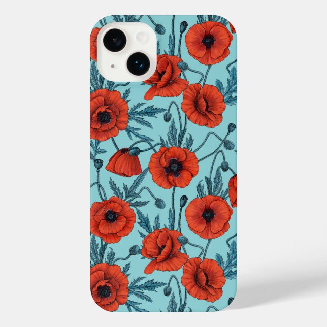 Poppies, red and blue on pool blue iPhone case (Back)