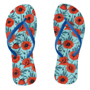 Poppies, red and blue on pool blue jandals