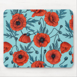 Poppies, red and blue on pool blue mouse pad