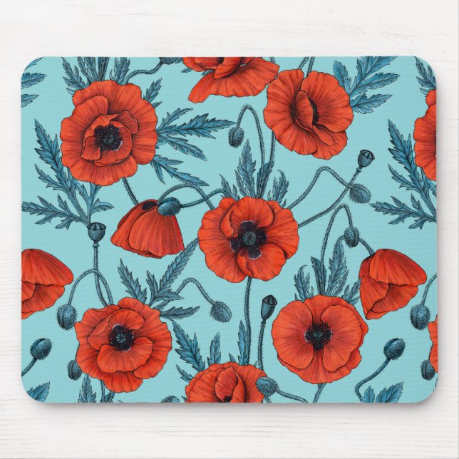 Poppies, red and blue on pool blue mouse pad (Front)