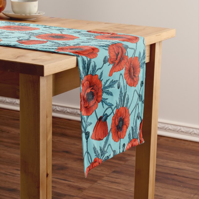 Poppies, red and blue on pool blue short table runner (In Situ)