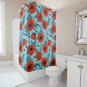 Poppies, red and blue on pool blue shower curtain
