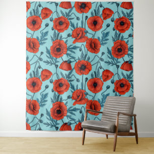 Poppies, red and blue on pool blue tapestry