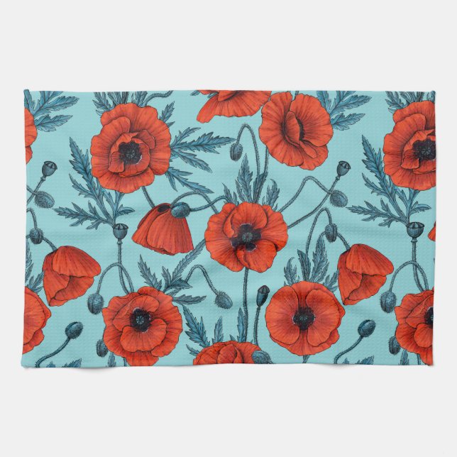 Poppies, red and blue on pool blue tea towel (Horizontal)