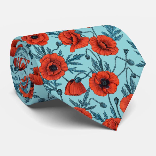 Poppies, red and blue on pool blue tie (Rolled)