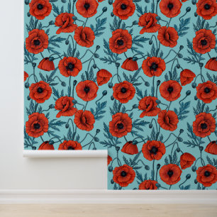 Poppies, red and blue on pool blue wallpaper