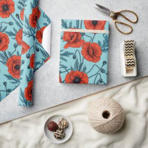 Poppies, red and blue on pool blue wrapping paper