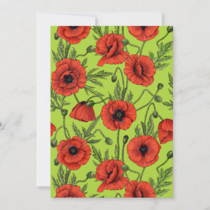Poppies, red and green on lime green