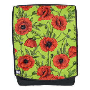 Poppies, red and green on lime green backpack