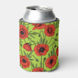 Poppies, red and green on lime green can cooler